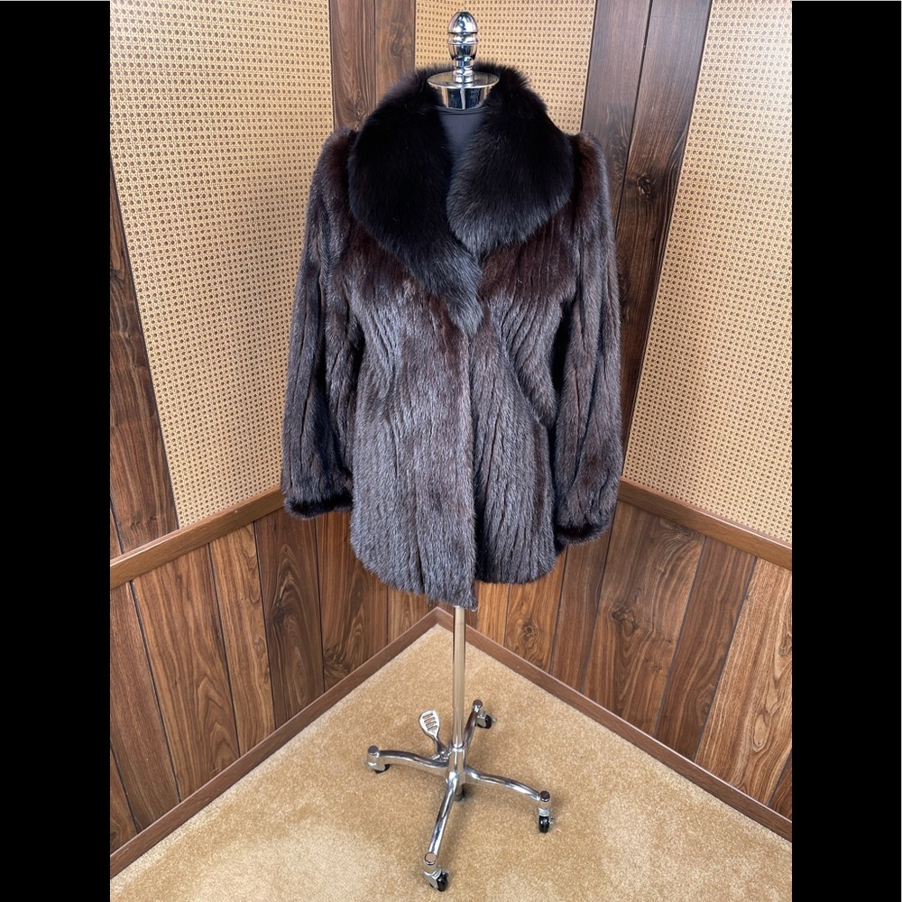 Beautiful Brown Corduroy Mink & Black Fox Fur Collar Jacket Coat XS